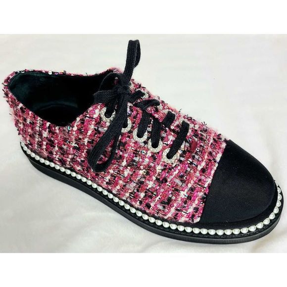 Authentic Chanel Lace Up  Pink and Black Tweed Pearl "CC" Logo Platform Sneakers - Picture 14 of 16